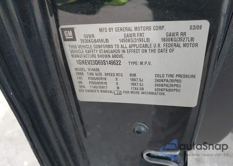 2009 Chevrolet Traverse Lt z USA, uszkodzony, nr VIN 1GNEV23D69S149622